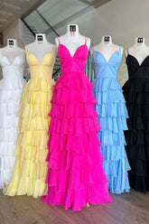 Sheath Hot Pink Chiffon Tiered Prom Dresses 2025 V Neck - MyChicDress